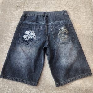 Vintage Y2K PACO JEANS Skull Grunge Baggy Black Denim Jean Shorts, Sz Mens 32